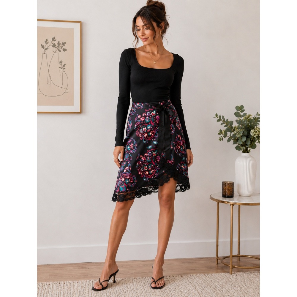 Laundry by Shelli Segal Silk Butterfly Print Skirt‎ Lace Trim Size 8